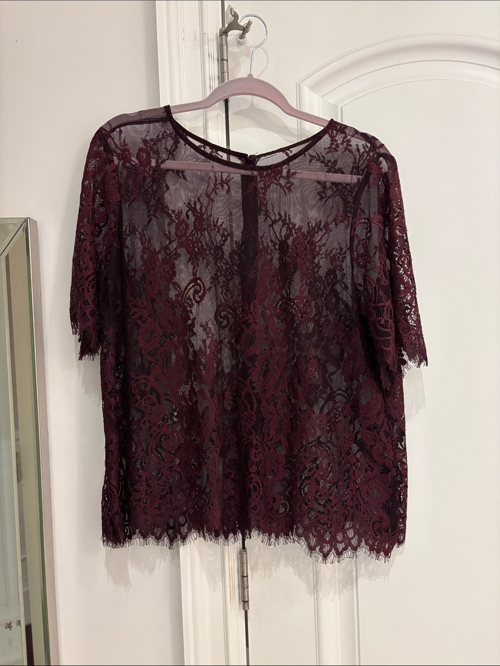 Sheer Lace Short-Sleeve Top in Burgundy